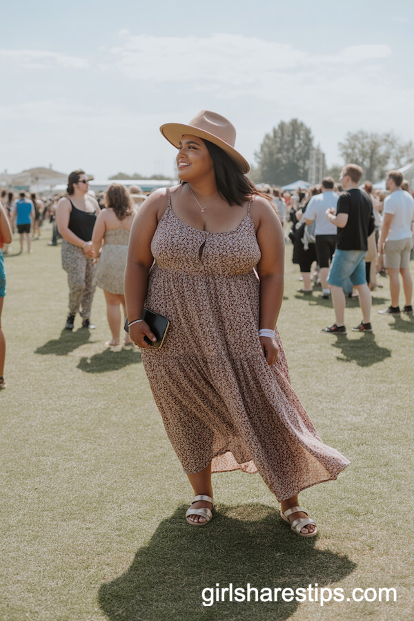Boho Maxi Dress, Wide-Brim Hat & Sandals Festival Look