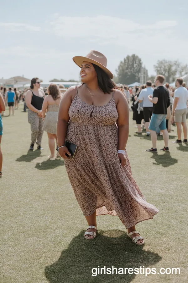 Boho Maxi Dress, Wide-Brim Hat & Sandals Festival Look