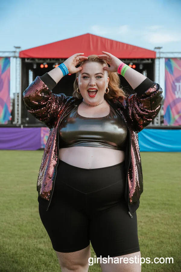 Sequin Bomber Jacket, Bike Shorts, Metallic Crop Top