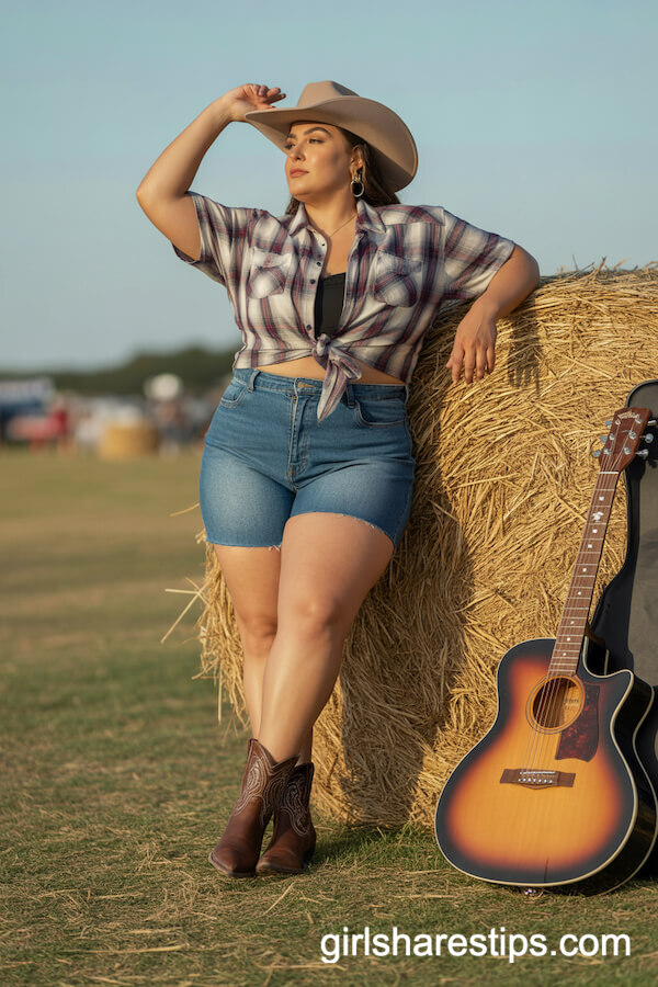Western Denim Shorts Plaid Shirt with Cowboy Boots