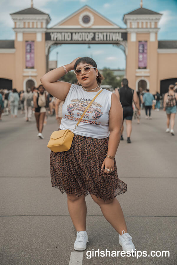 Patterned Skirt Sleeveless Graphic Tee with Sneakers
