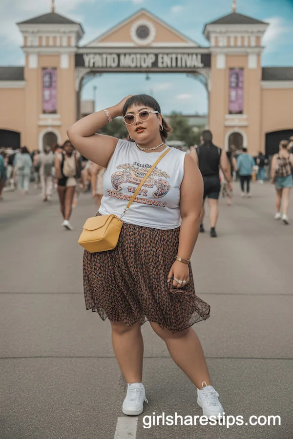 Patterned Skirt Sleeveless Graphic Tee with Sneakers