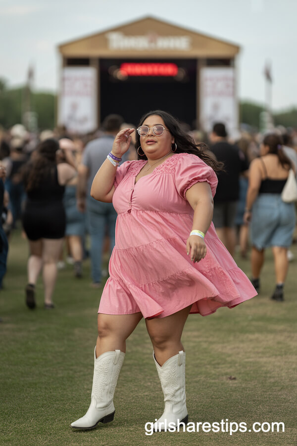 Pink Tiered Ruffle Dress with White Cowboy Boots