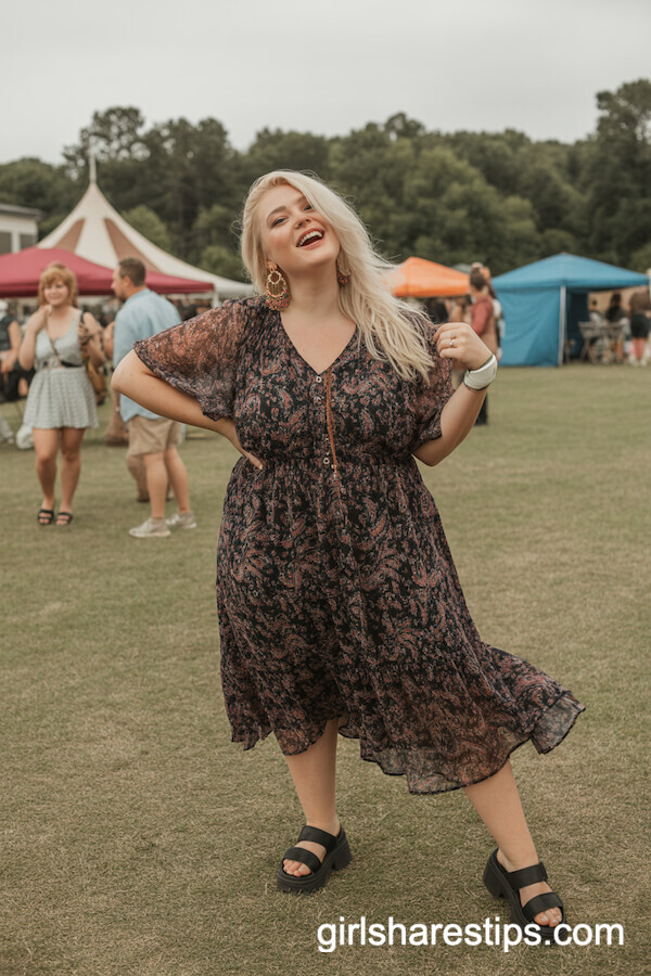 Paisley Midi Dress with Chunky Sandals & Statement Earrings
