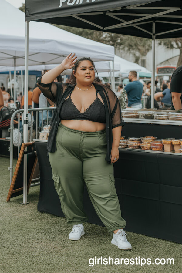 Olive Cargo Pants, Lace Bralette & Open Mesh Shirt