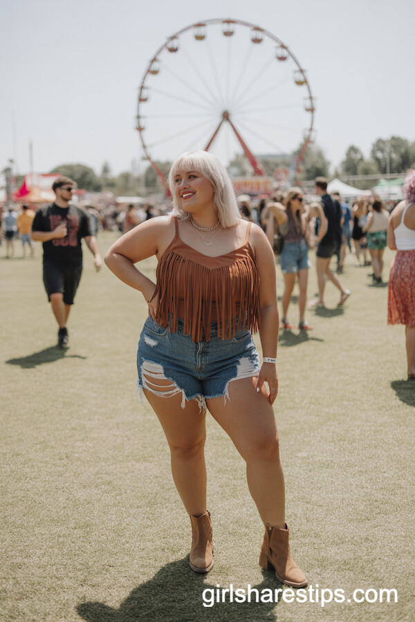 Distressed Denim Shorts Fringe Suede Top with Boots