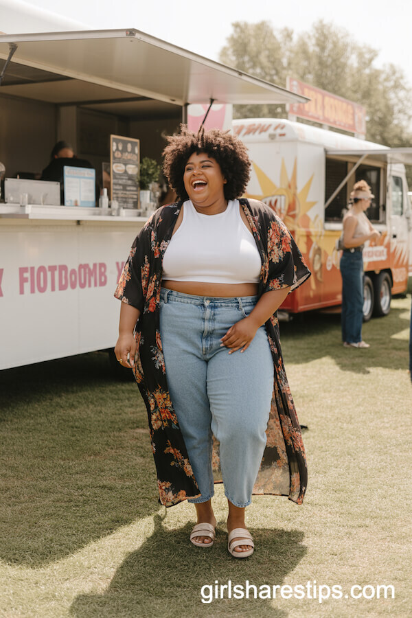 Bold Floral Kimono with Crop Top and High-Waisted Jeans