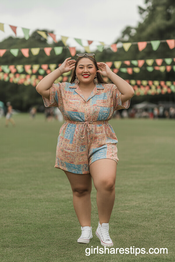 Colorful Romper, High-Top Sneakers & Statement Earrings
