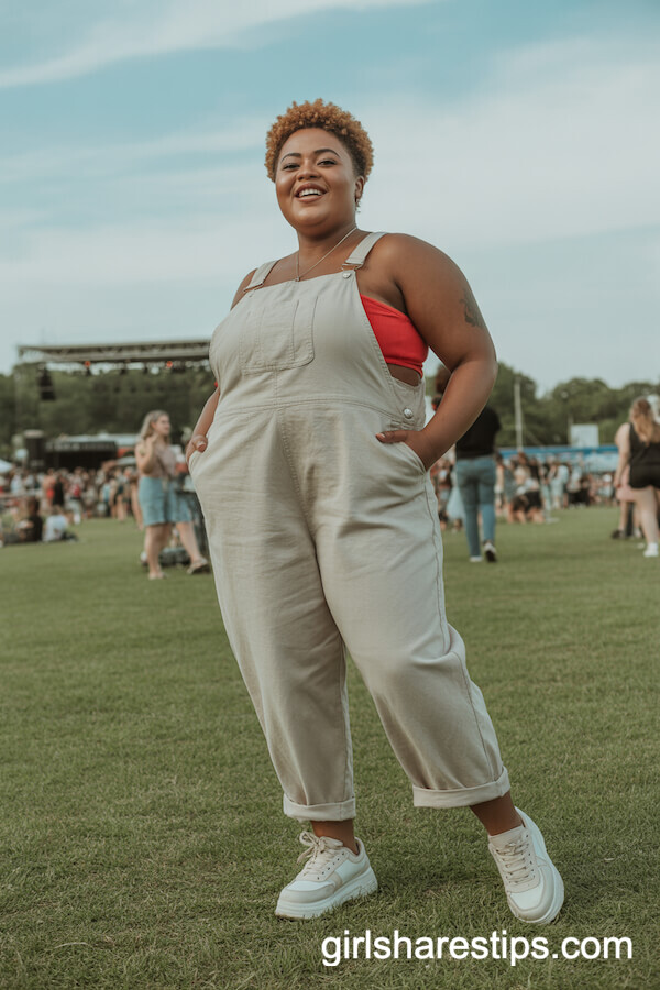 Soft Linen Overalls, Bright Bandeau & Chunky Dad Sneakers