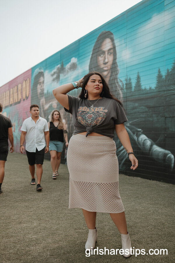 Crochet Midi Skirt With Graphic Tee & Bold Jewelry