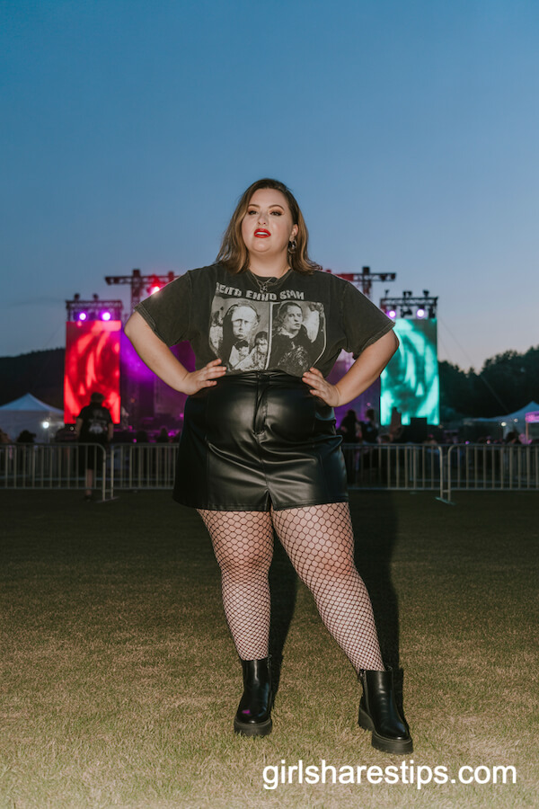 Leather Mini Skirt, Band Tee & Fishnet Tights Outfit