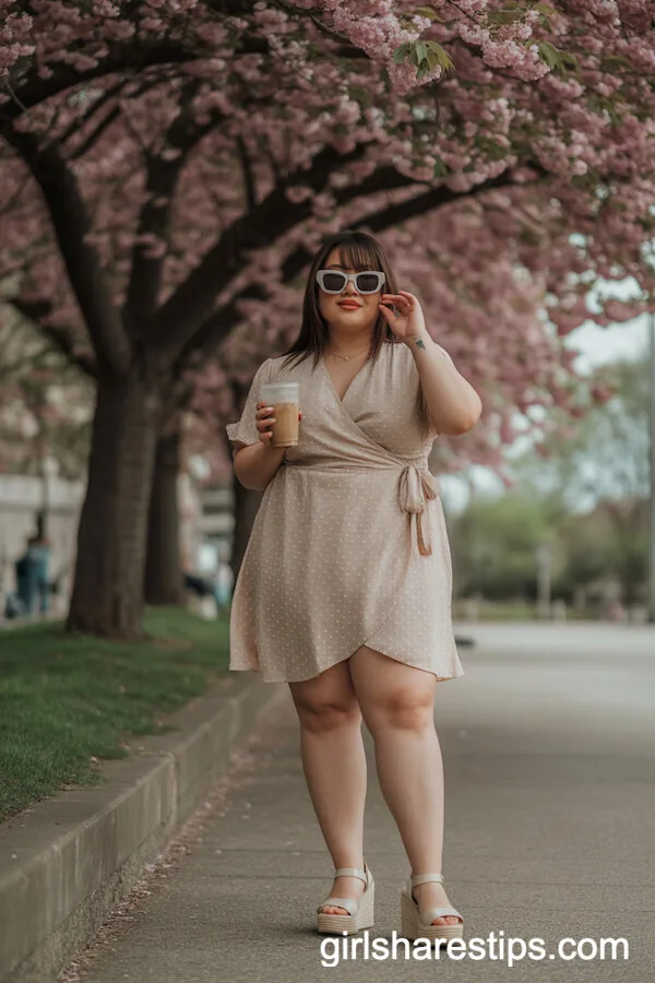 Polka-Dot Wrap Dress and Wedge Sandals for Springtime Flirtation