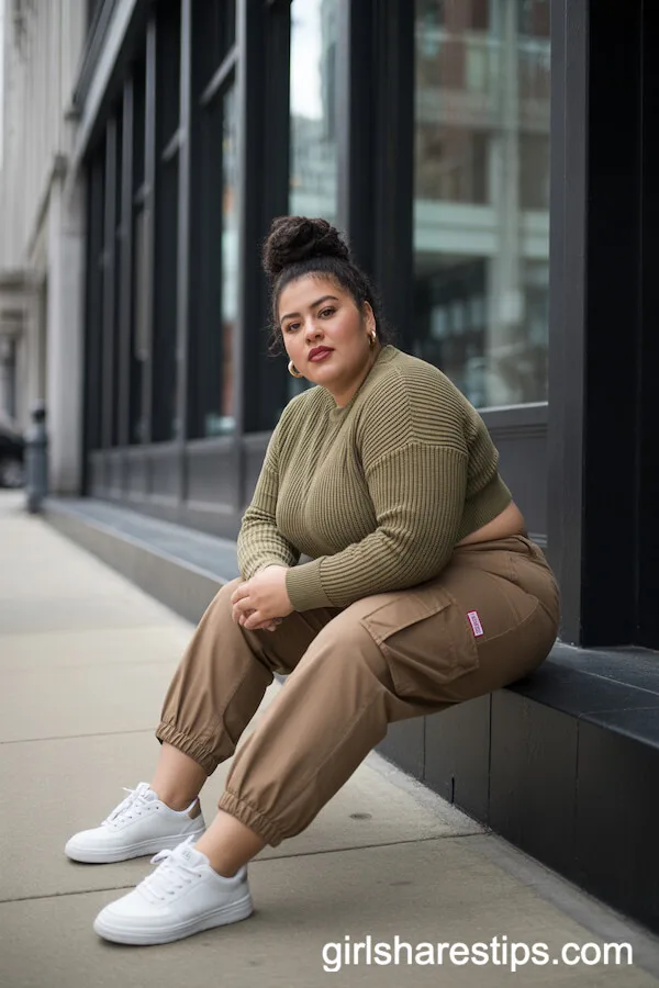 Earth-Tone Cargo Pants and Cropped Knit for Downtown Street Style