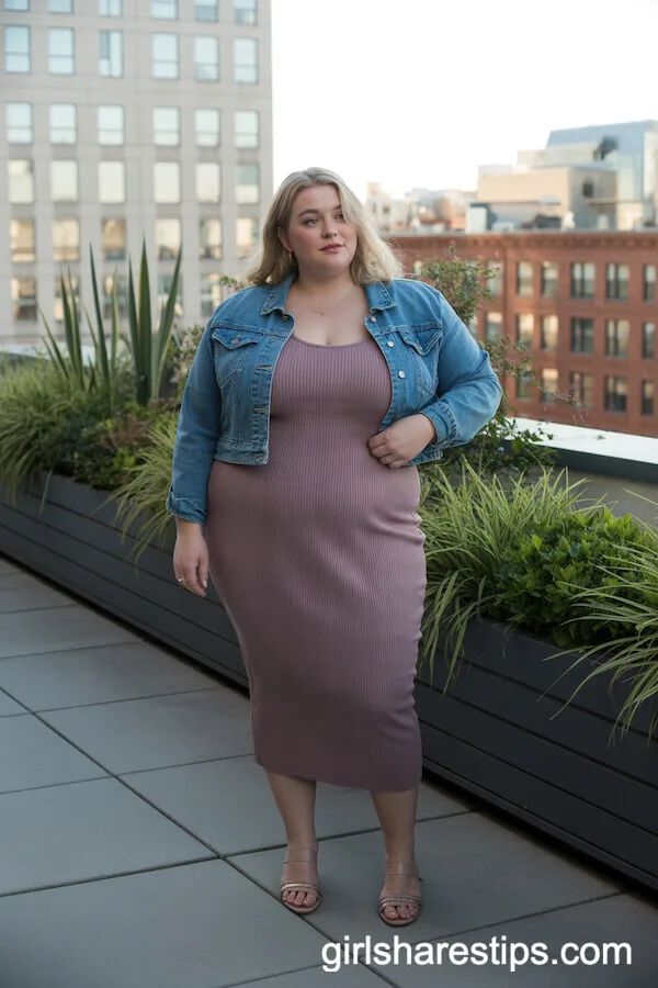 Mauve Bodycon Dress and Cropped Denim Jacket for Chic City Gardens
