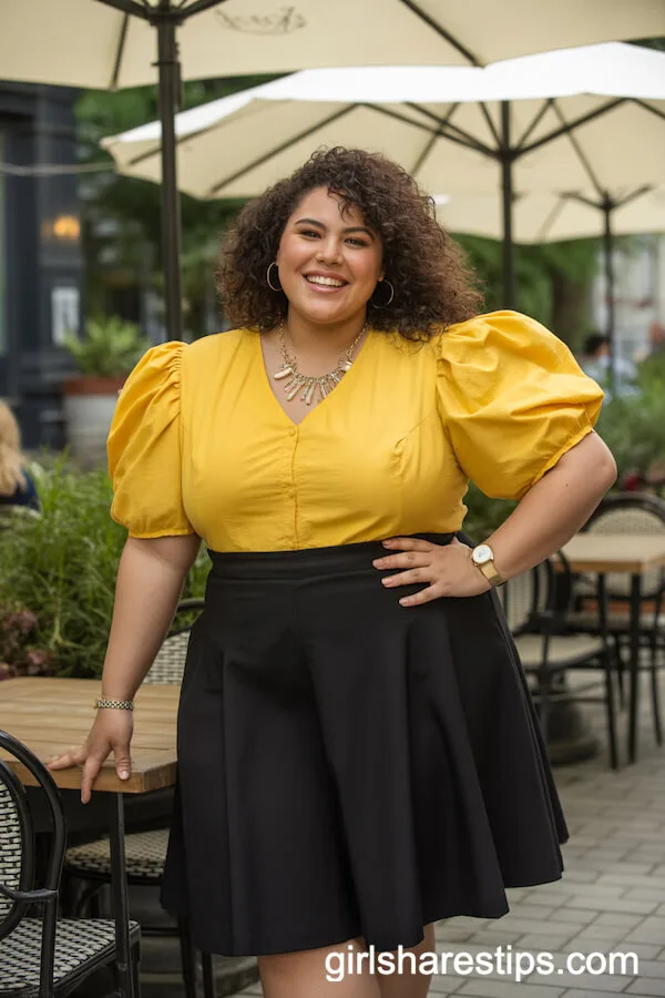 Yellow Puff-Sleeve Blouse and Black Skirt for a Vibrant Caf&eacute; Date