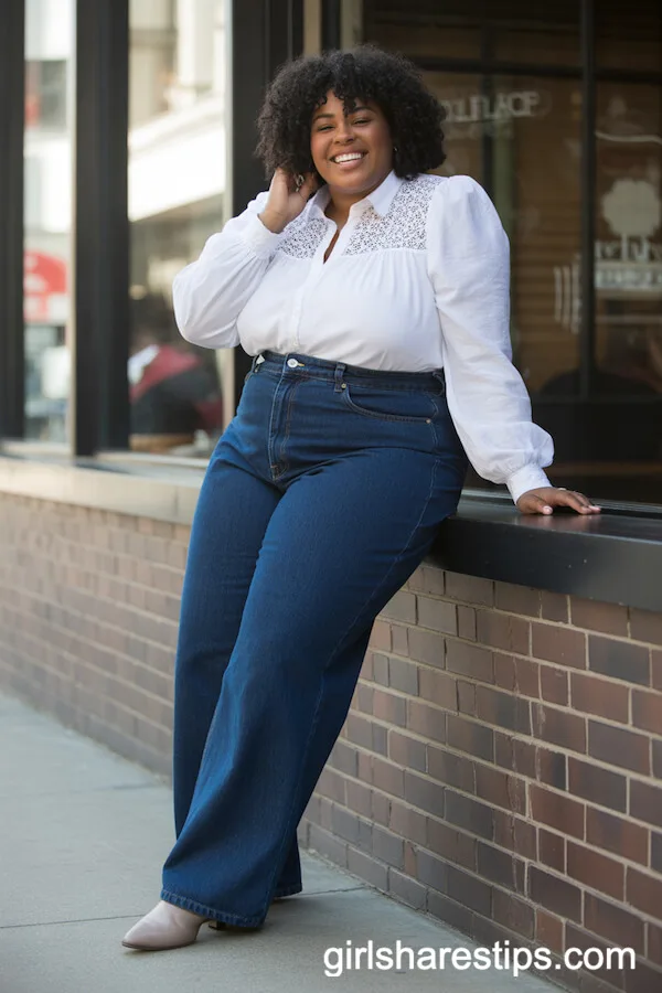 Wide-Leg Jeans and White Lace Blouse for Feminine Urban Outing