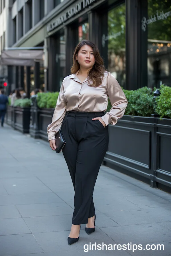 Champagne Satin Blouse and Tailored Trousers for Elegant Evenings