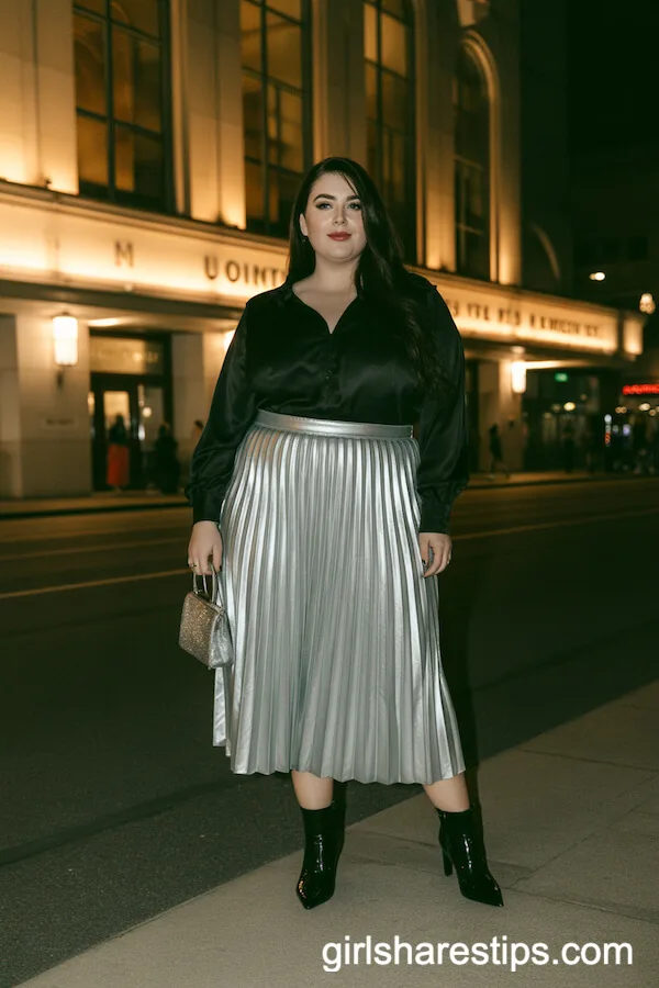 Metallic Pleated Skirt and Black Blouse
