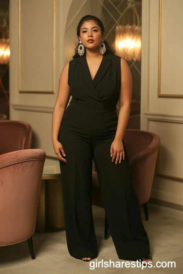 Black Wide-Leg Jumpsuit with Statement Earrings for Lounge Sophistication