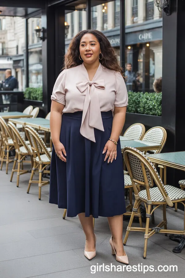 Blush Bow Blouse and Navy Midi Skirt for a Refined Caf&eacute; Terrace Look