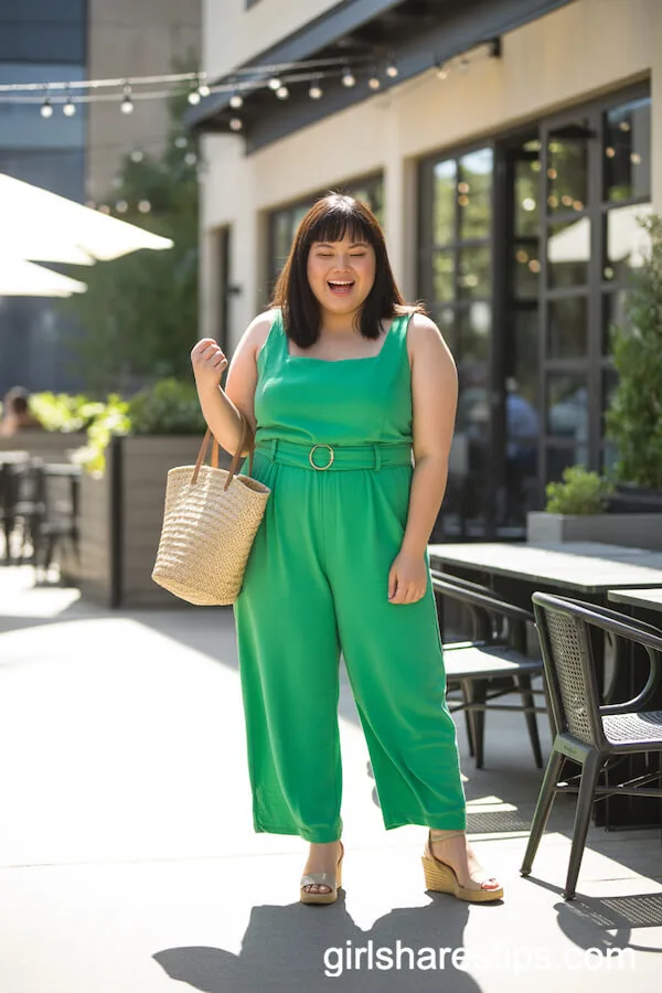 Bright Green Jumpsuit and Wedges for a Playful Brunch Outfit