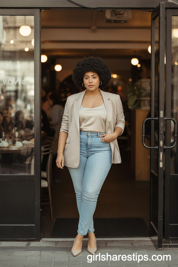 Light-Wash Jeans and Neutral Blazer for Polished Restaurant Vibes