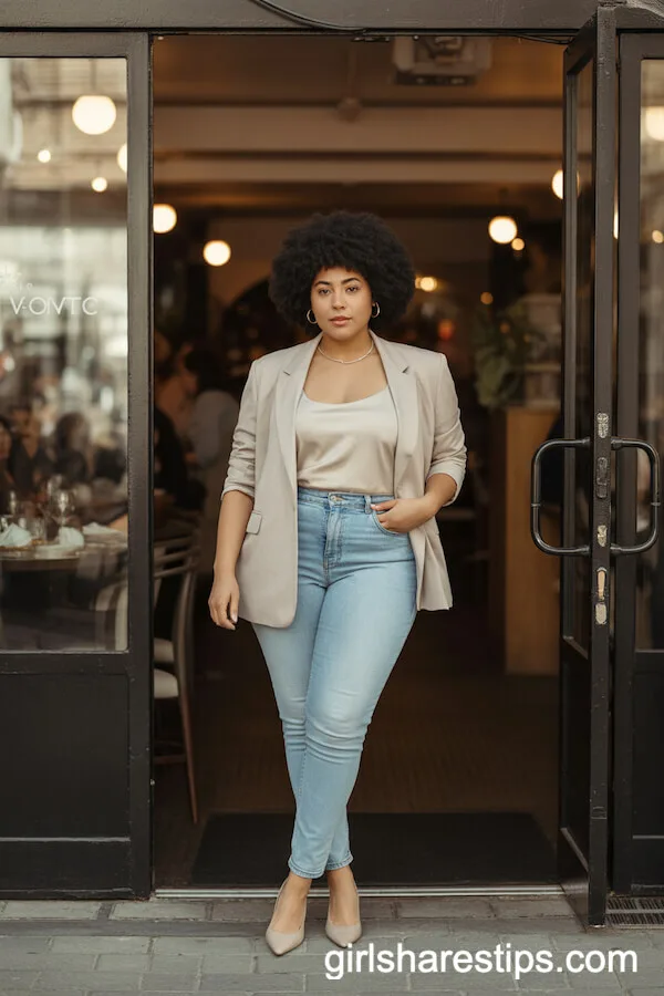 Light-Wash Jeans and Neutral Blazer for Polished Restaurant Vibes