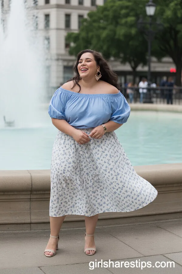 Sky Blue Off-Shoulder Top and Floral Midi Skirt for Park Date Elegance