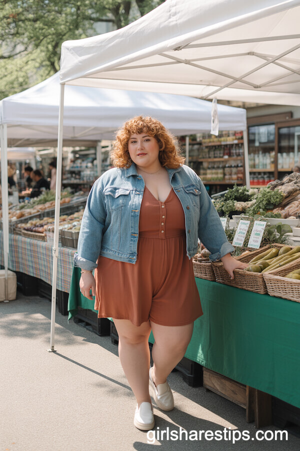 Rust Romper and Denim Jacket for a Casual Farmer’s Market Look
