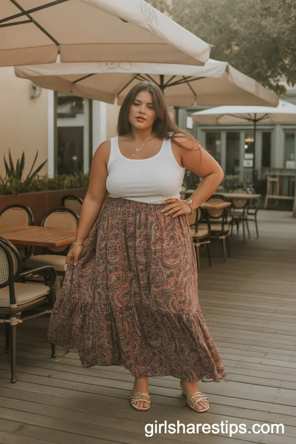Paisley Maxi Skirt and Layered Necklaces at an Outdoor Caf&eacute;