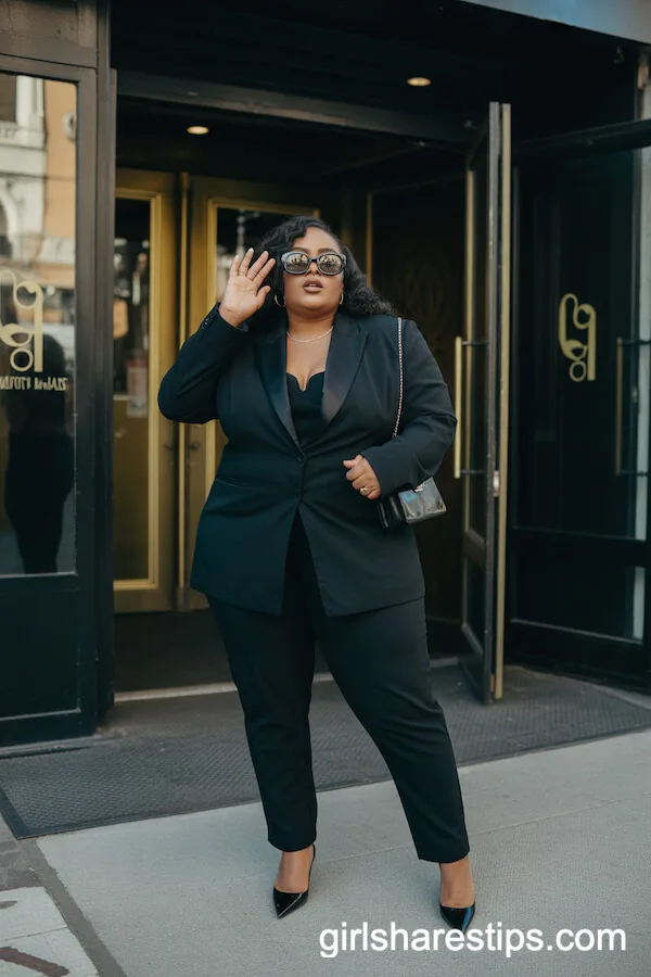 All-Black Tailored Pantsuit with Stilettos