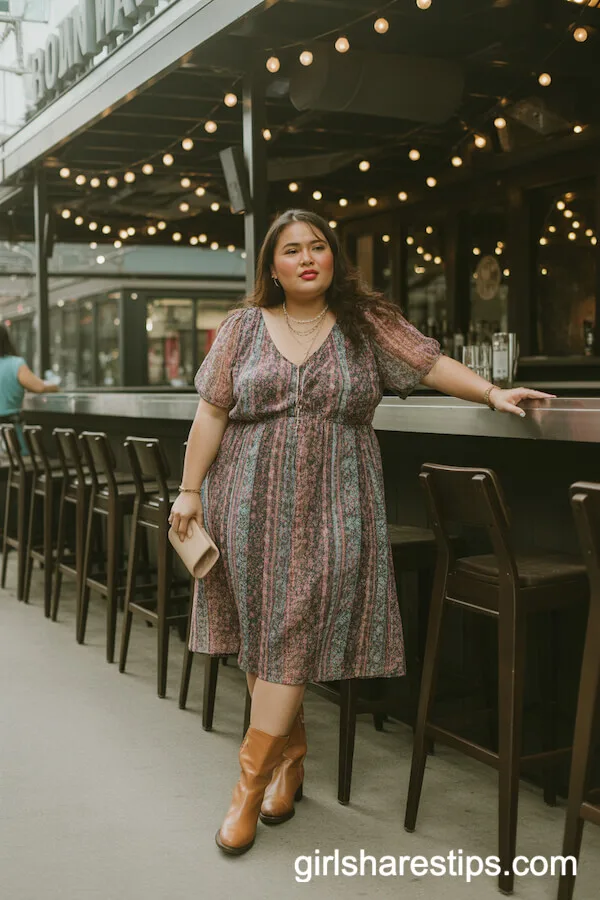 Colorful Boho Midi Dress Tan Boots