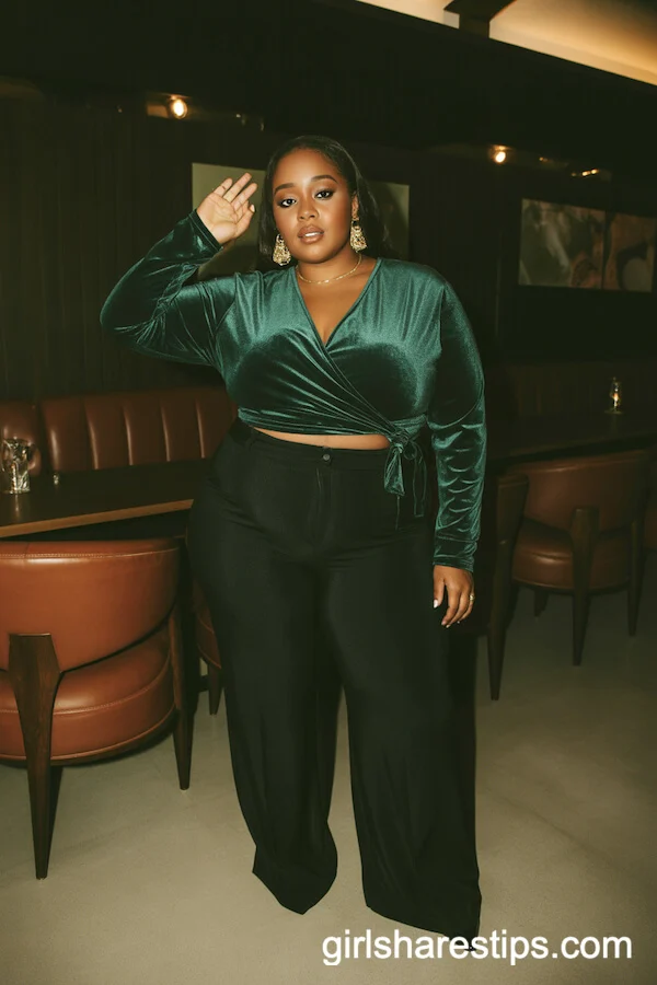 Emerald Velvet Wrap Top Wide-Leg Trousers
