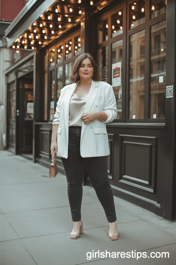 White Blazer and Silky Cami with Skinny Jeans