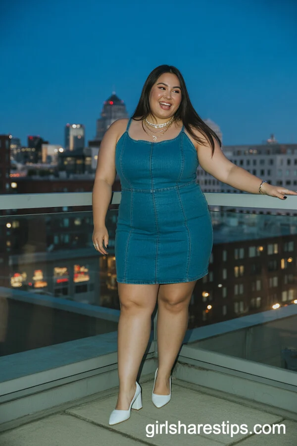 Fitted Denim Mini Dress Layered Necklaces