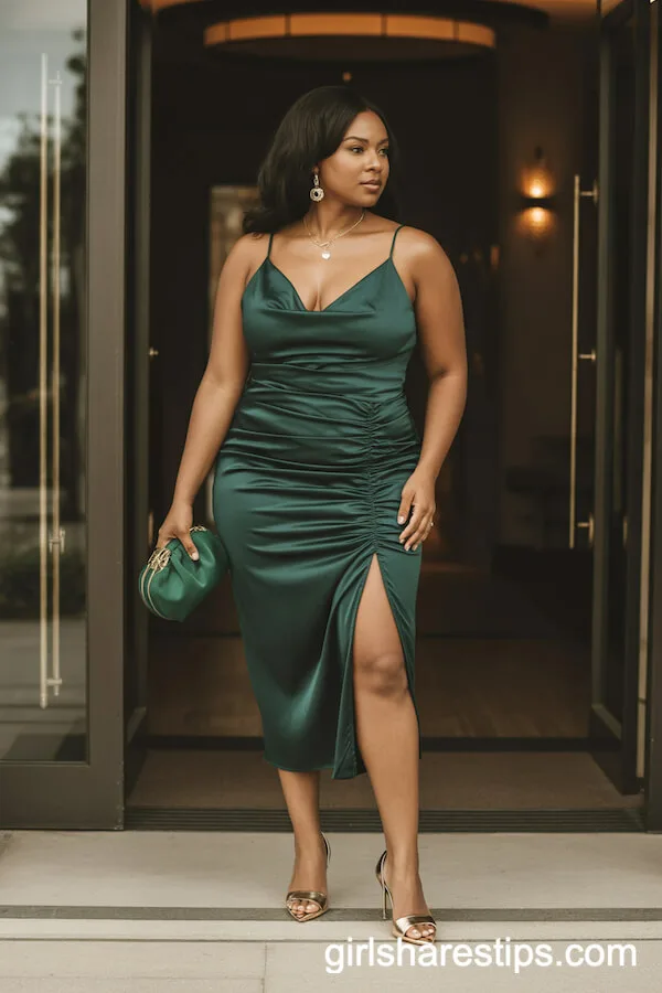 Emerald Satin Ruched Midi Dress with Gold Heels