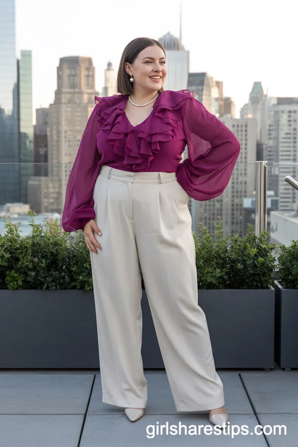 Jewel-Toned Ruffled Blouse with Wide-Leg Trousers