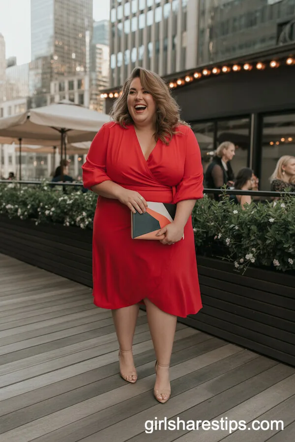 Vibrant Red Wrap Dress and Nude Heels