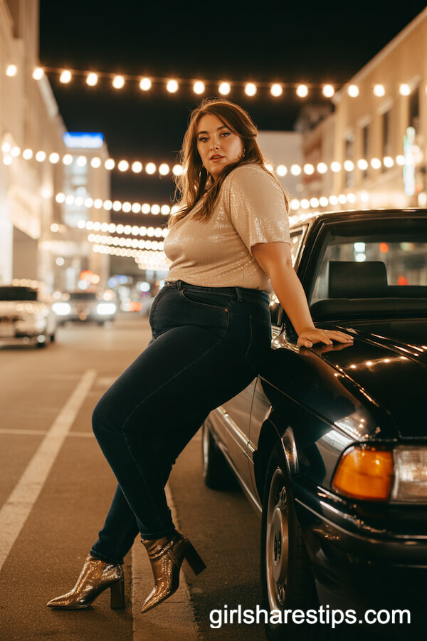 High-Waisted Jeans with Champagne Sequin Top