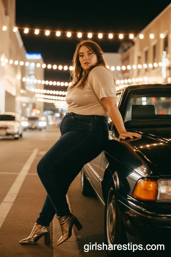 High-Waisted Jeans with Champagne Sequin Top