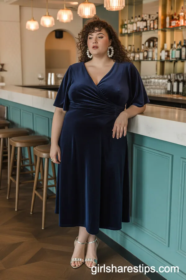 Navy Velvet Midi Dress with Classic Pearls