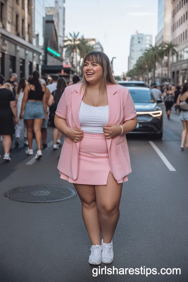 Pastel Pink Blazer and Skirt Set with Sneakers