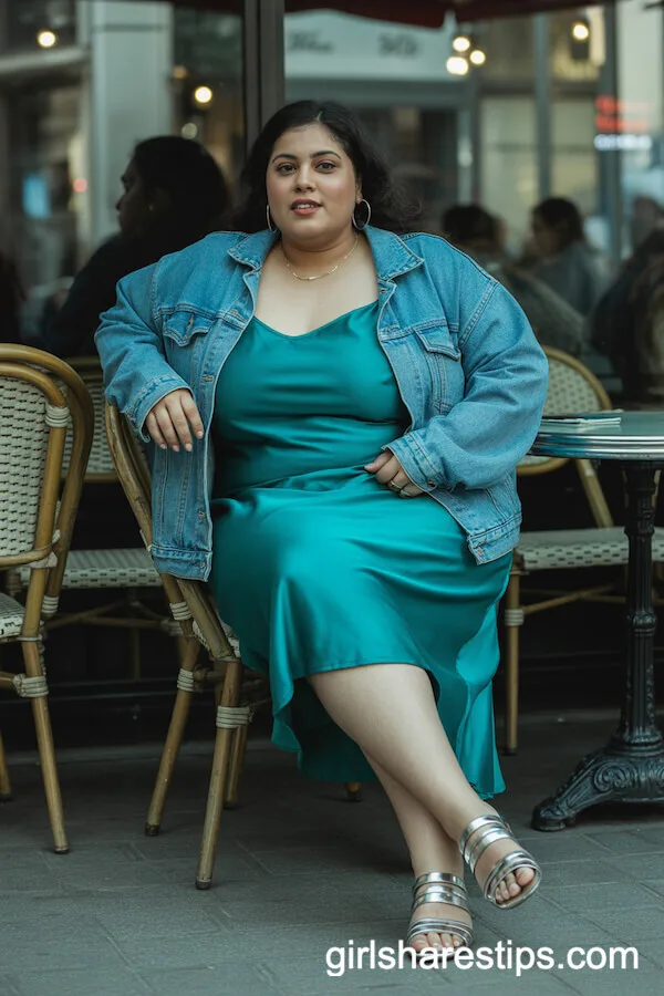 Teal Satin Slip Dress Blue Denim Jacket