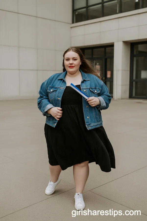 Black Sundress Layered with Denim Jacket and Sneakers