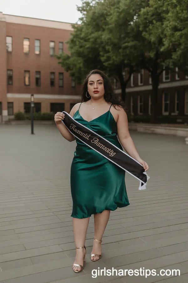 Satin Emerald Green Slip Dress with Gold Heels