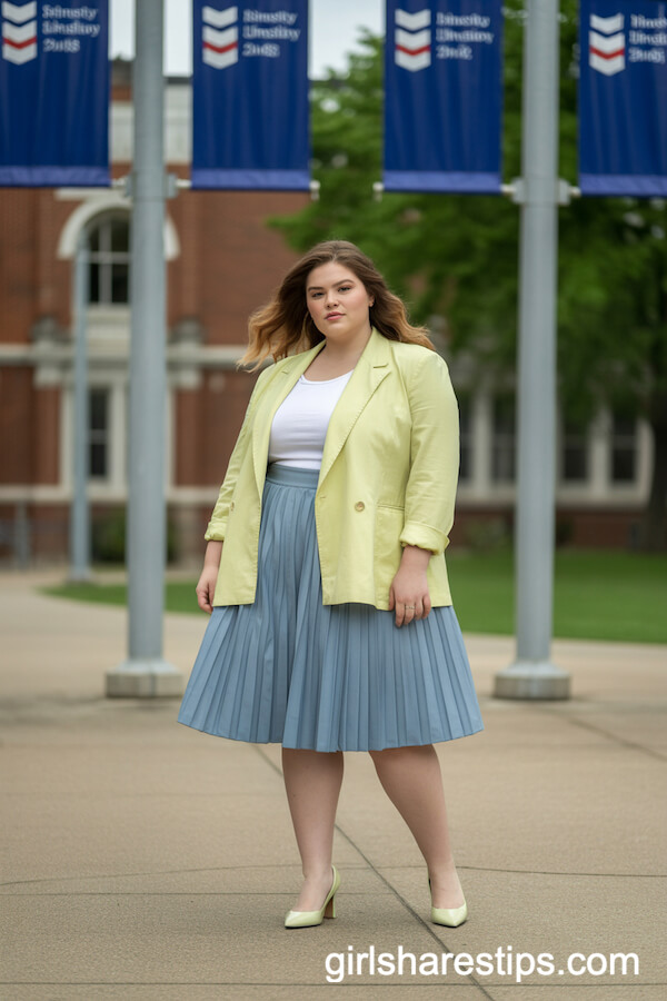 Pastel Blazer with Blue A-Line Skirt and Heels