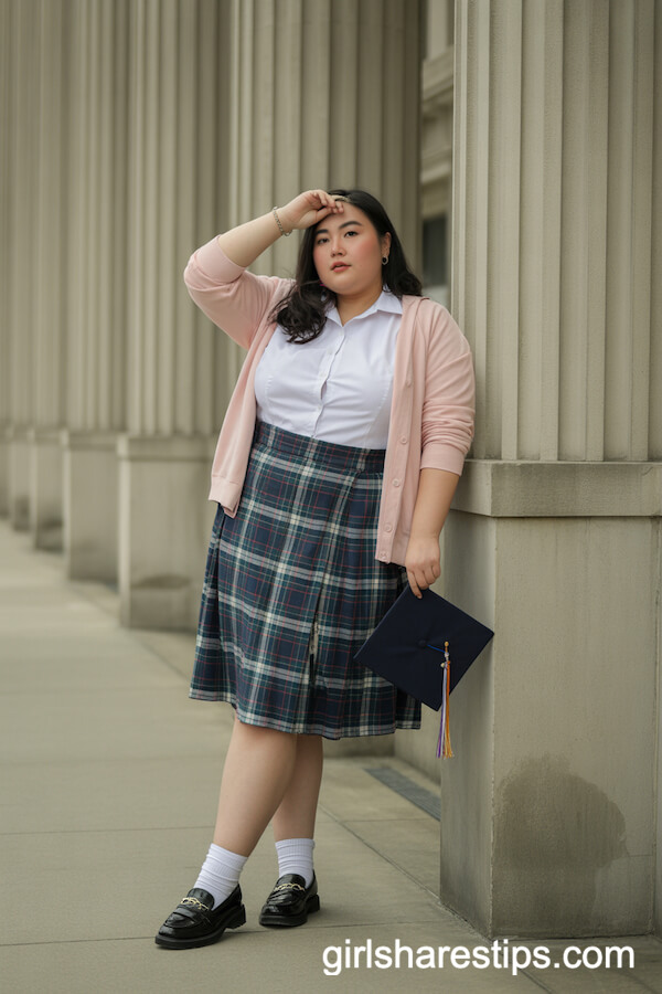 Plaid Skirt with Fitted Shirt and Cardigan Combo