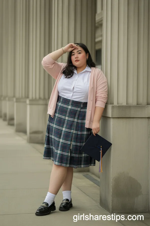 Plaid Skirt with Fitted Shirt and Cardigan Combo
