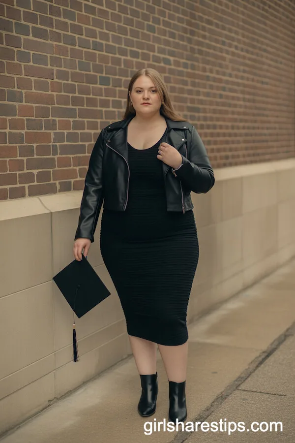 Fitted Black Midi Dress with Cropped Leather Jacket