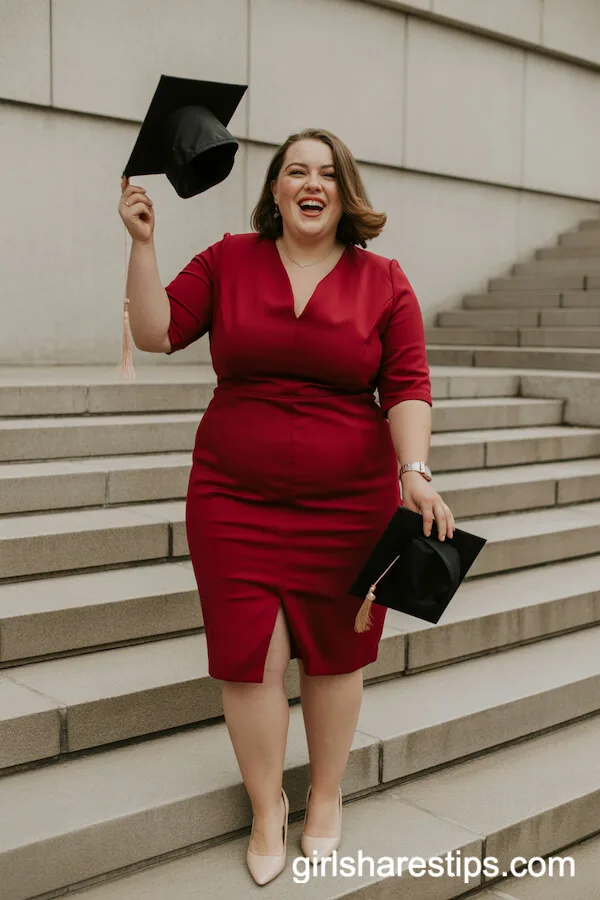 Bold Red Fitted Dress with Nude Pumps